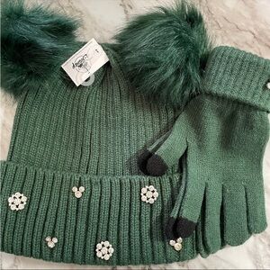 Emerald Green Knit Minnie Gems Pom Pom Beanie & Gloves disney